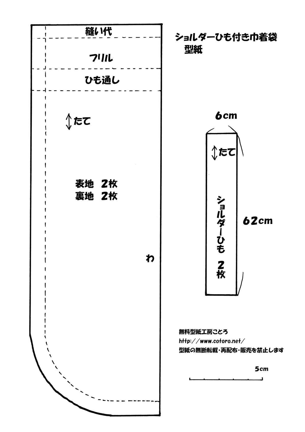 作り方 甚平や浴衣に合う ショルダーひも付き巾着袋 裏地付き ページ2 無料型紙工房ことろ